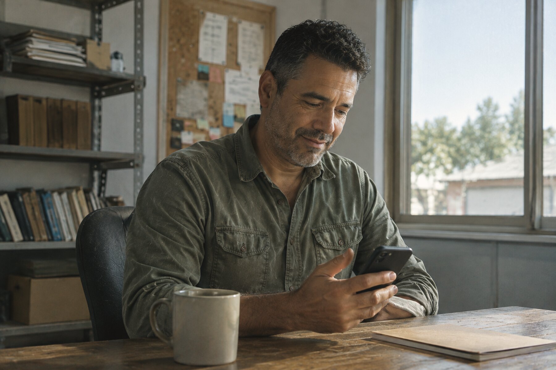 The same owner the next morning, desk clear, reading organized opportunities on his phone