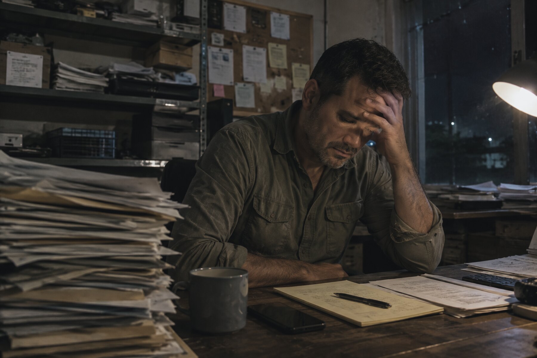 Business owner alone at night with a tower of unprocessed paperwork