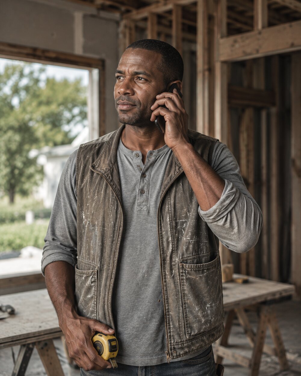 Contractor taking a call on a residential job site
