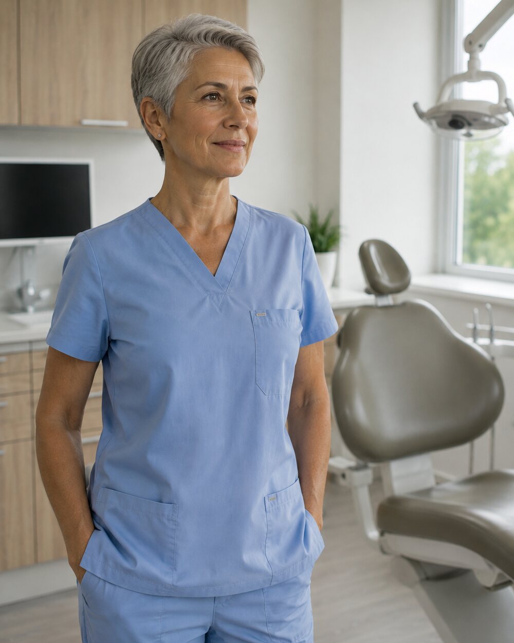 Dentist standing beside an empty chair in her operatory