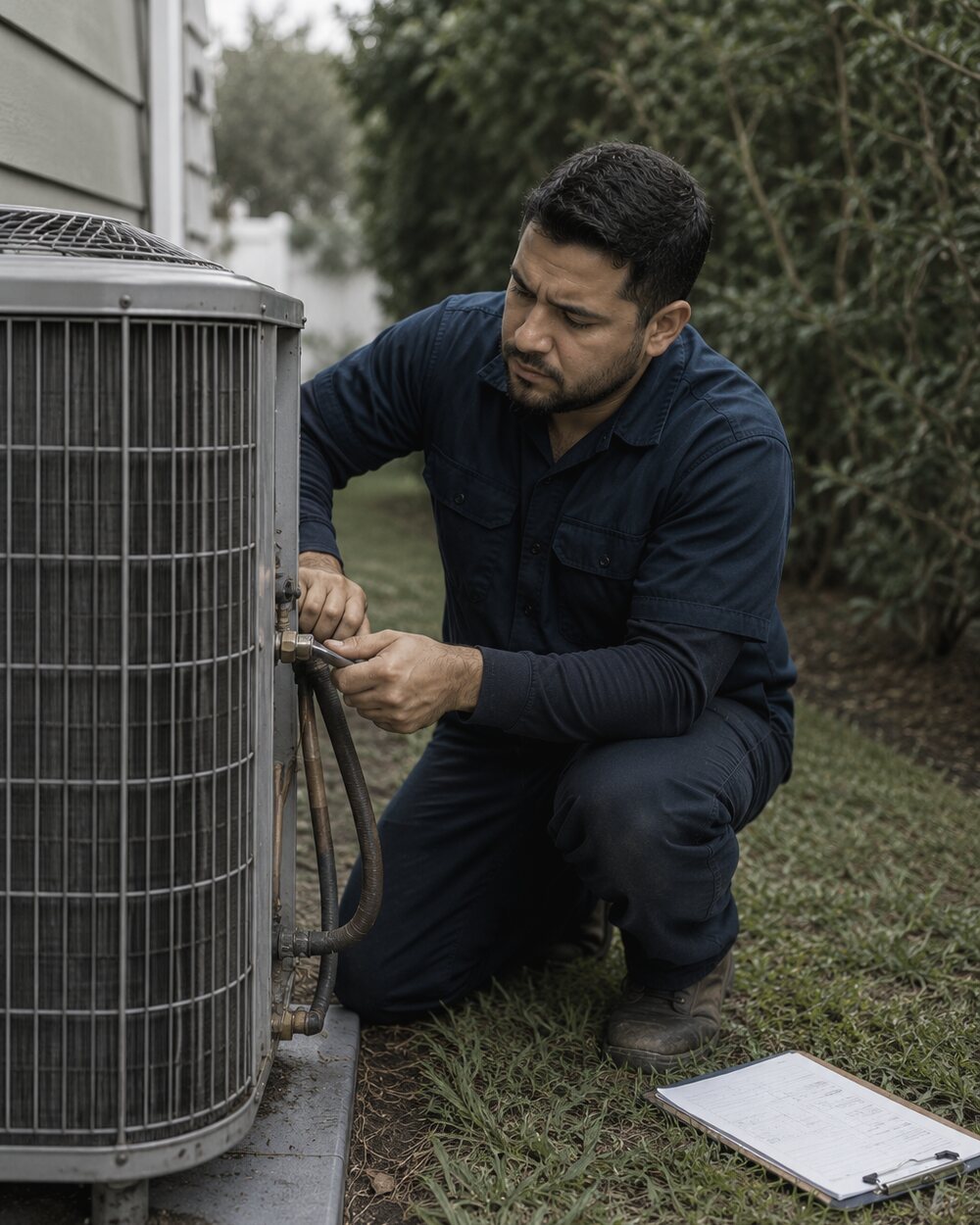 HVAC technician servicing a condenser unit in a side yard