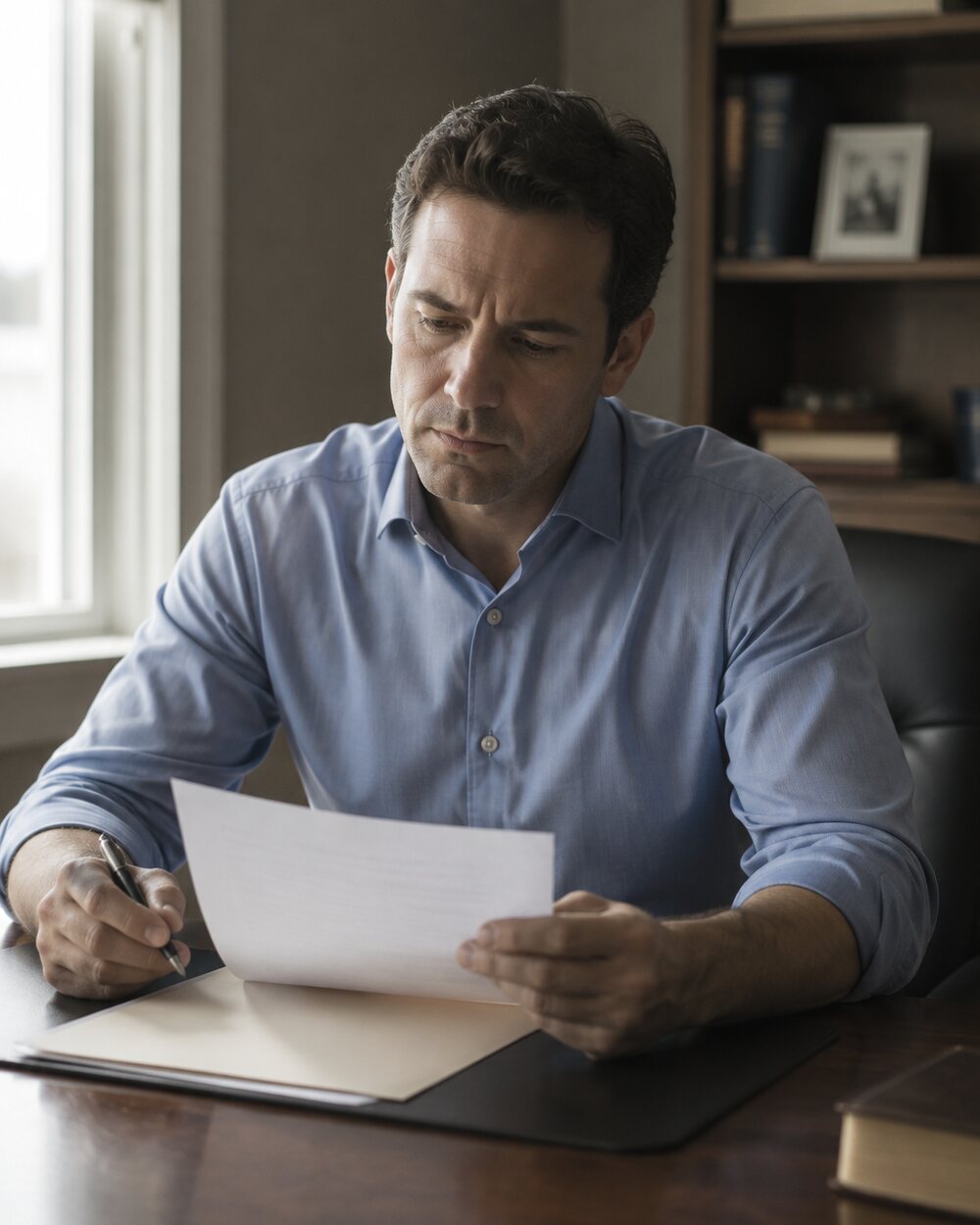 Attorney reviewing a document at his desk in a small practice