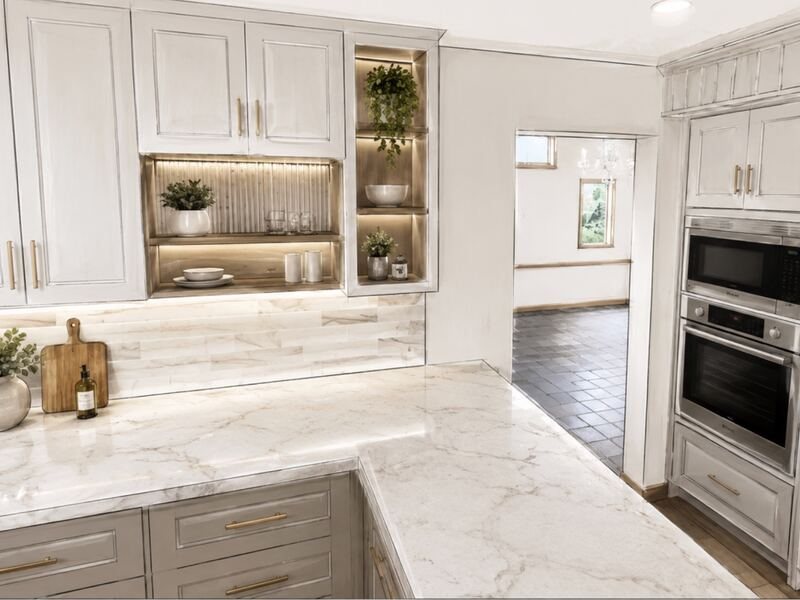 A finished kitchen with new cabinetry and stone counters, saved as a reference