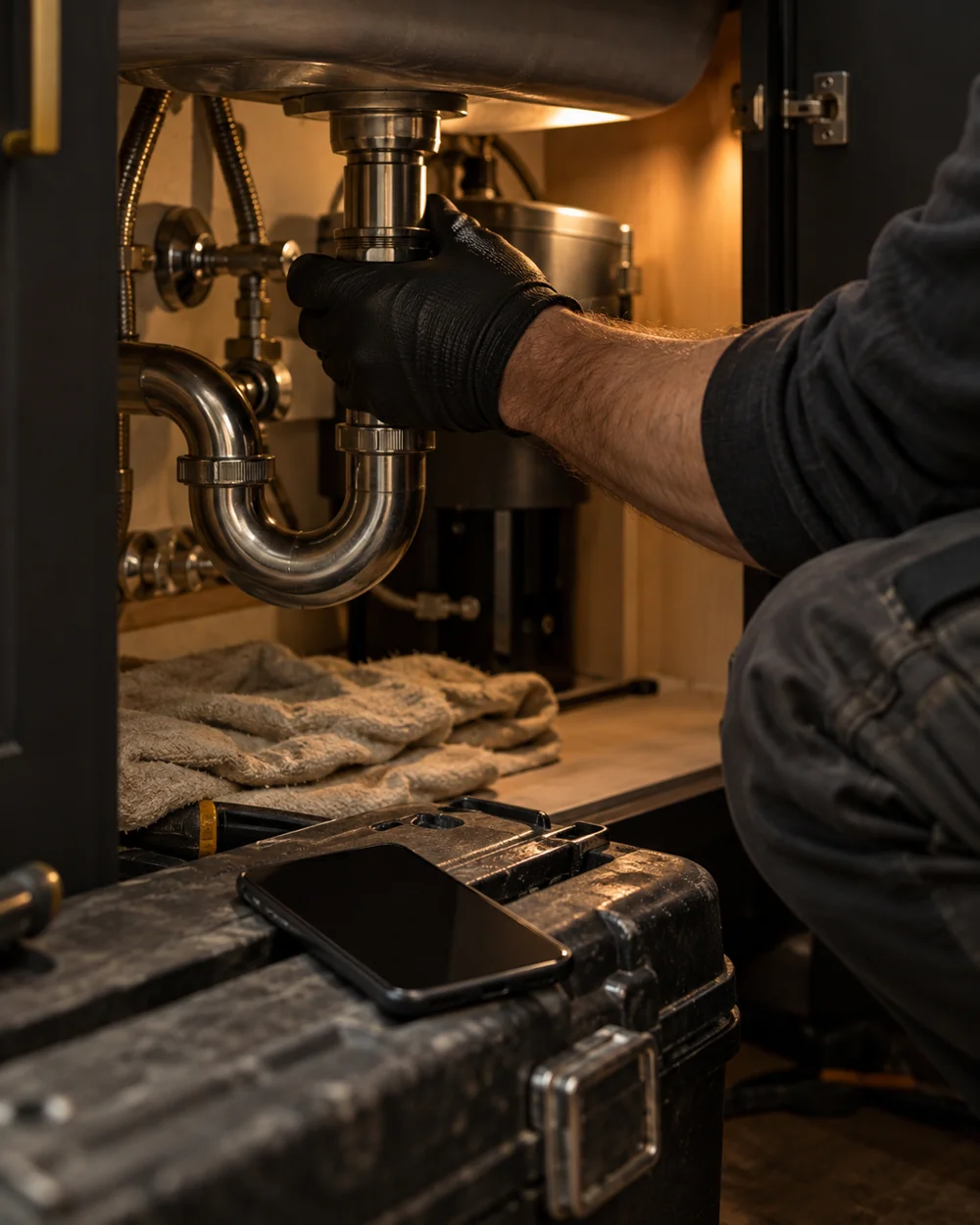 Plumber working under a kitchen sink, phone nearby